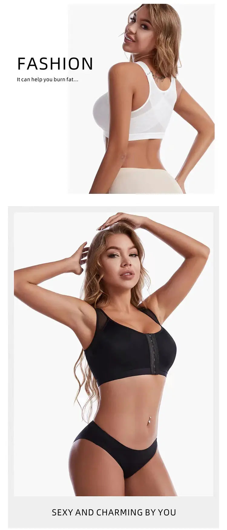 Two front-closure posture-corrector lift-up bras for women in white and black with cross-back design