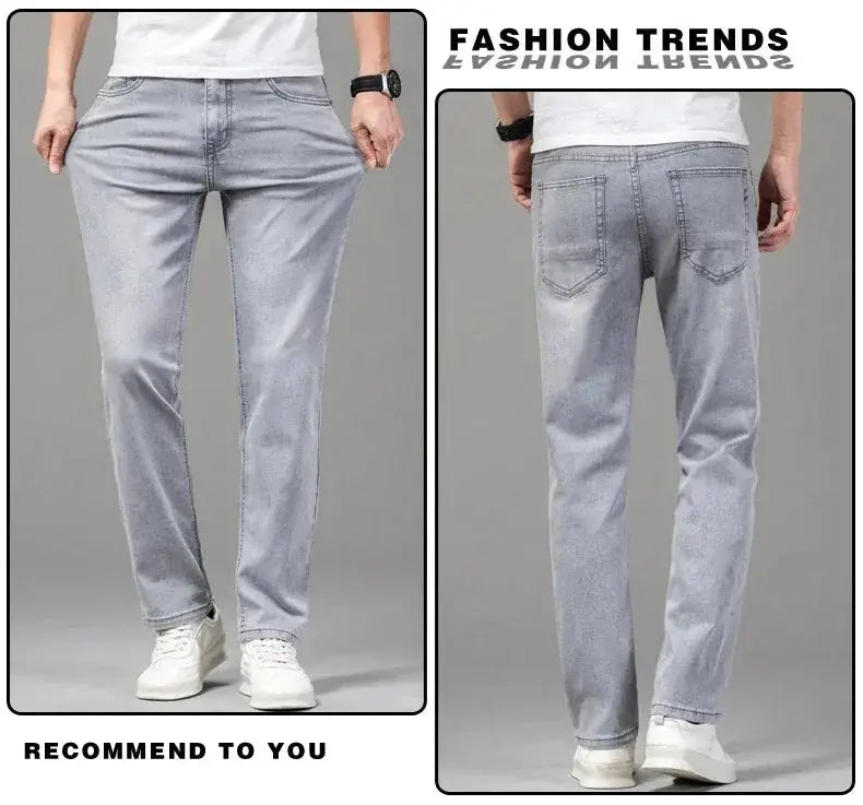 Men's gray elastic denim jeans by Simples Market, straight-leg casual cotton pants