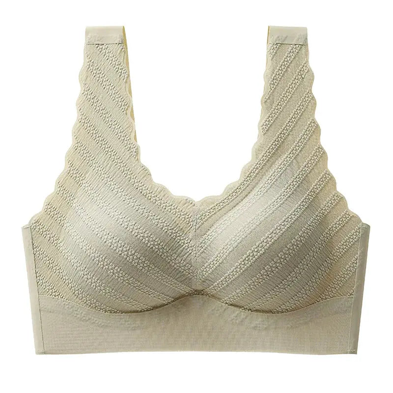 Simples Market seamless wireless sports bra in cream with textured stripe pattern; non-wire, soft fabric