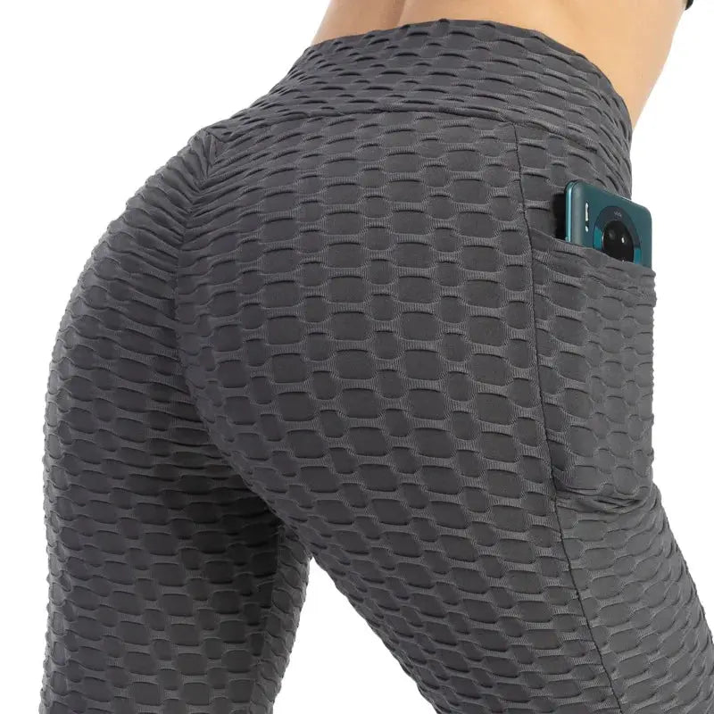Simples Market women's textured bubble-pattern high-waist leggings in grey with side phone pocket
