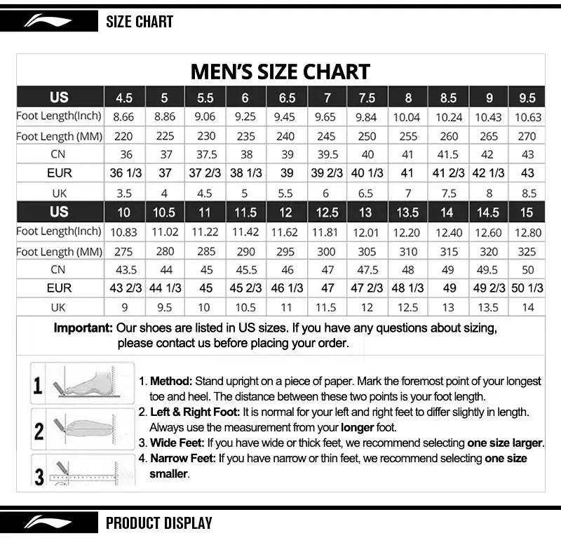 LI-NING FEIDIAN 5 CHALLENGER men's running shoes product display featuring US size chart by Simples Market