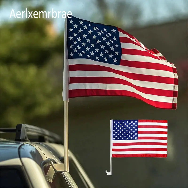 Aer American Car Flag 12x18 Inch With Plastic Pole For Vehicles