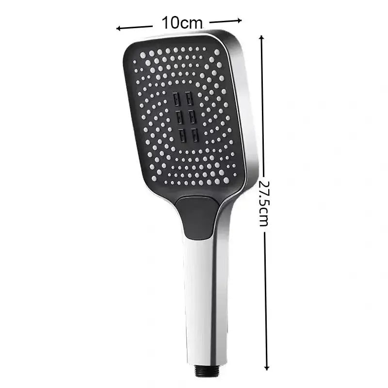 Shower head by Simples Market, stainless steel handheld with black face and silver handle, 27.5 cm long