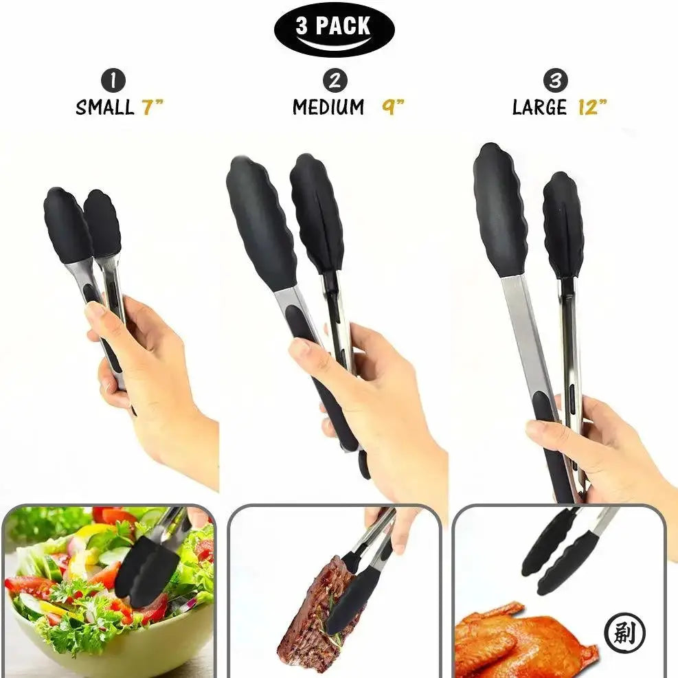 Stainless Steel Tongs With Silicone Tips And Locking Mechanism In 7 9 And 12 Inch Sizes For Precision All Purpose BBQ