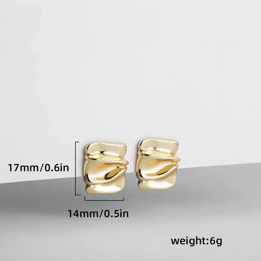 Gold Plated Punk Square Stud Earrings For Women Geometric Pleated Copper Alloy Ear Jewelry Gift For Modern Outfits