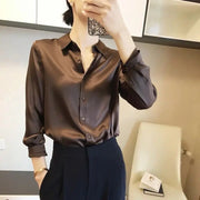 All Match Satin Finish Blouse For Women Turn Down Collar Three Quarter Sleeves Office And Casual Wear