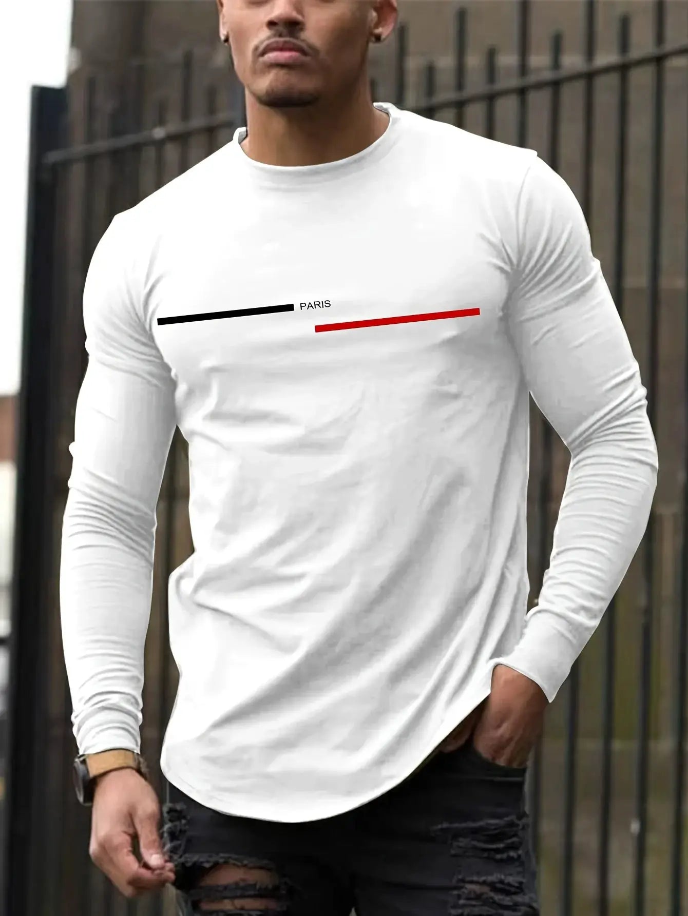 Men's 100 Percent Pure Cotton Summer Paris Print Long Sleeve T Shirt With Loose Casual Fit