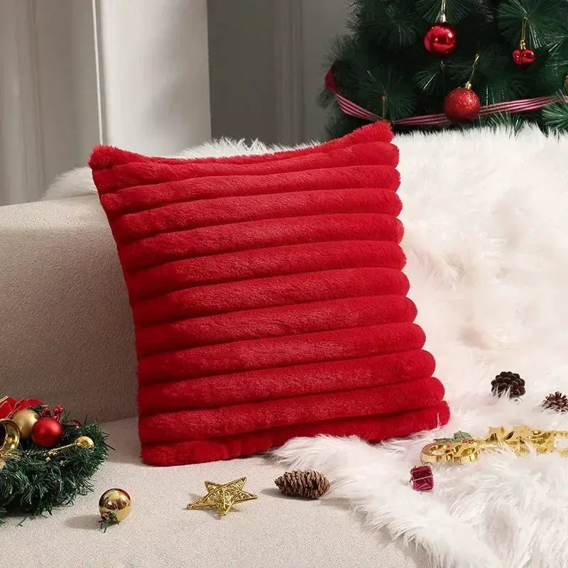 Faux rabbit fur cushion cover, red plush striped decorative pillow for sofa.