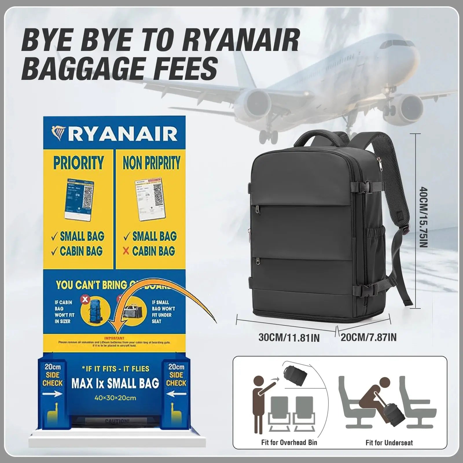 Simples Market black laptop backpack, waterproof, 40x30x20 cm, carry-on Ryanair compatible