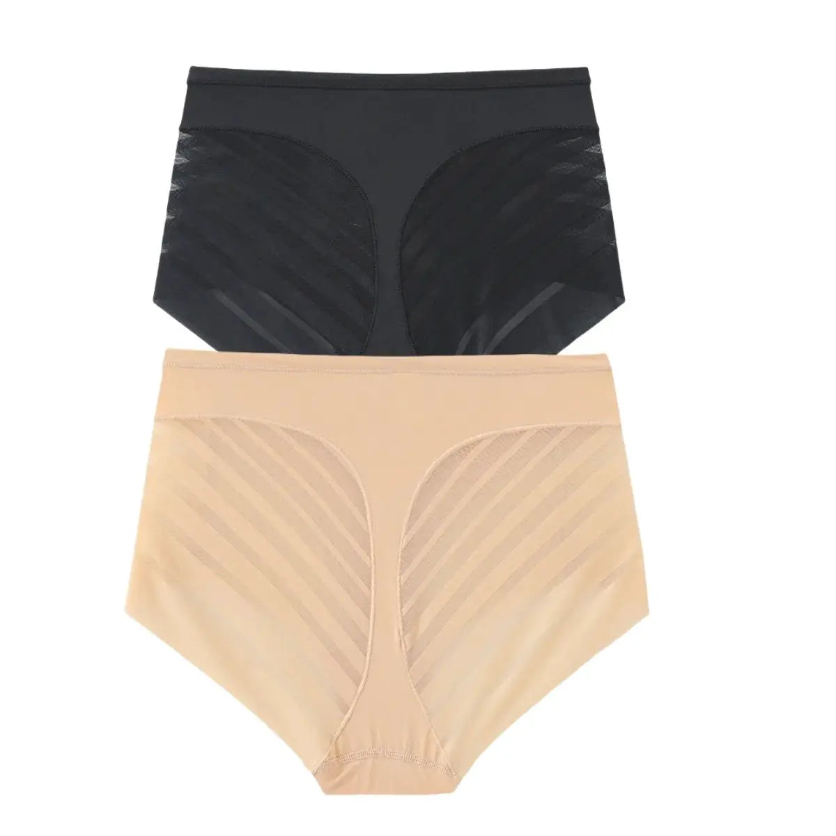 2Pcs Women's ice silk tummy-control panties, mid-waist shaping briefs with mesh panels, black and nude, Simples Market