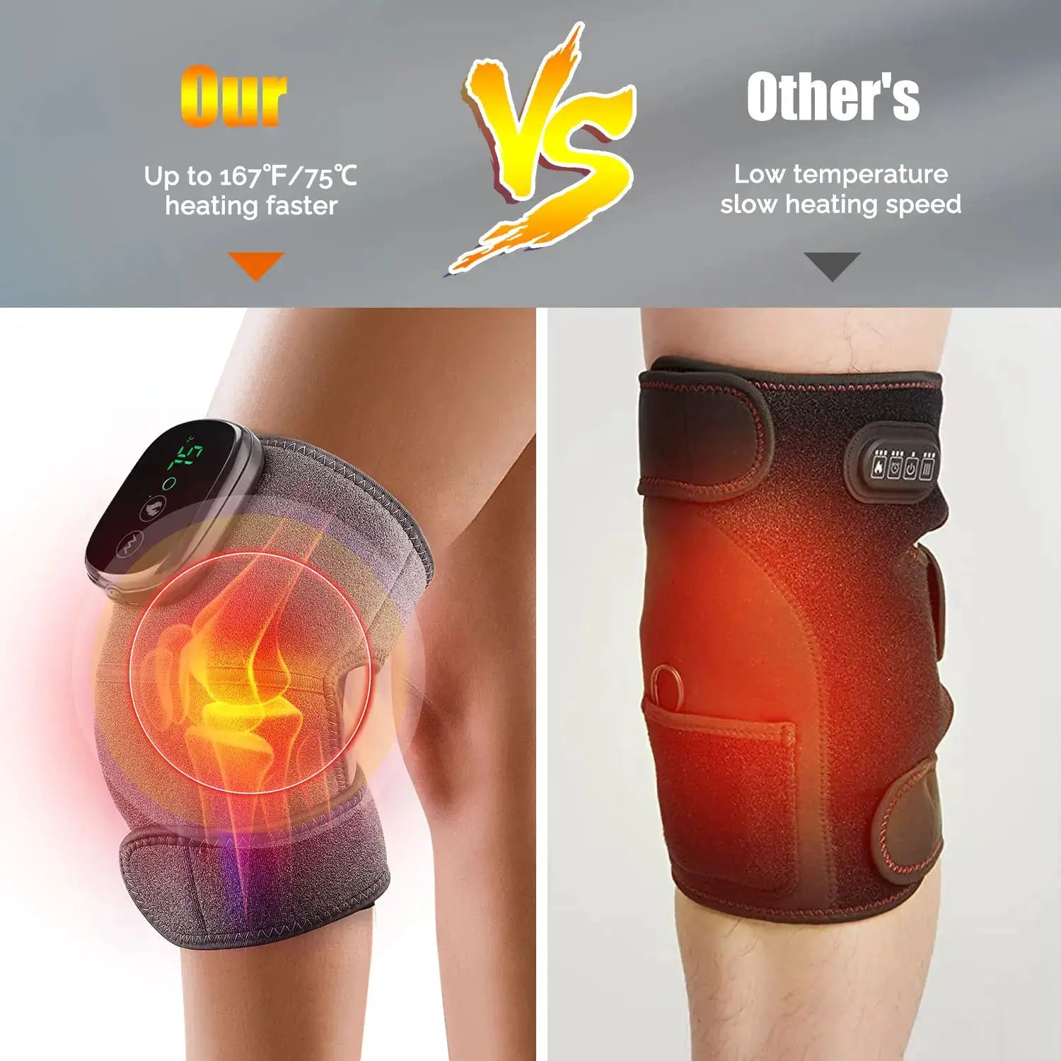 Simples Market electric knee massager wrap with heating and vibration; black strap and red brace with control panel