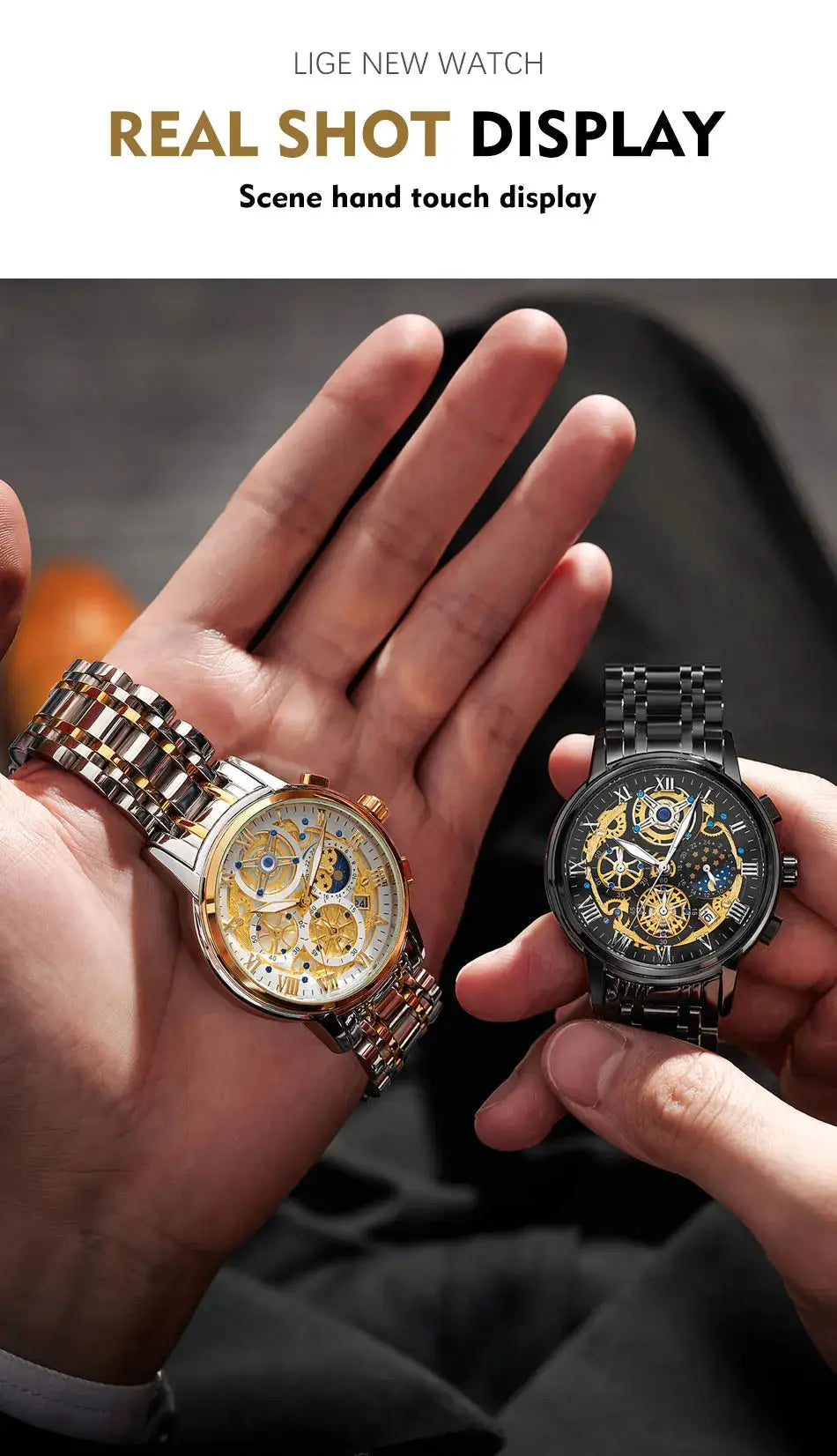 LIGE two watches pair; silver-gold two-tone bracelet on one and black bracelet on the other, exposed gears