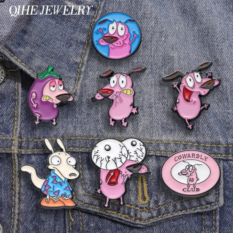 Cartoon Courage The Cowardly Dog Enamel Pin Pink Dog Brooch Lapel Badge Jewelry Gift For Kids And Friends