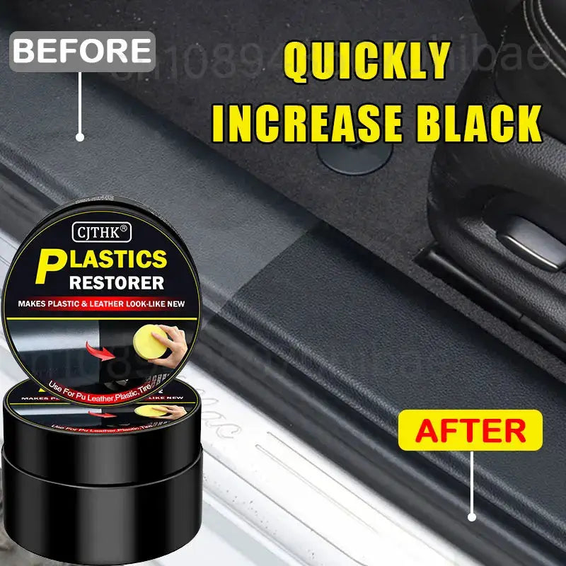 CJTHK Plastics Restorer for car plastics and leather; black jar with yellow label, before/after interior trim.