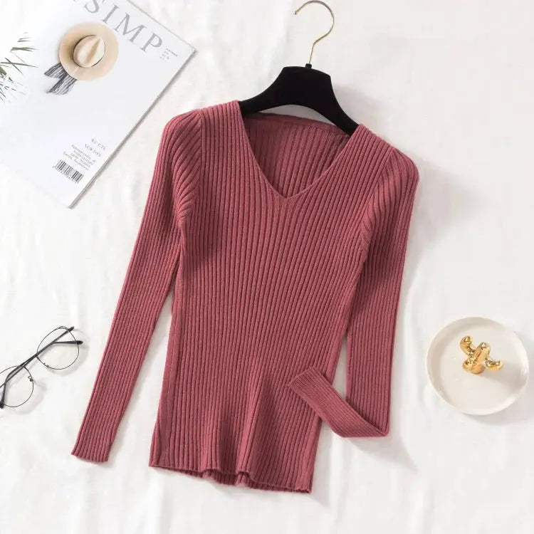 Autumn Winter Womens Knit V Neck Pullover Sweater Casual Long Sleeve Solid Jersey Tops