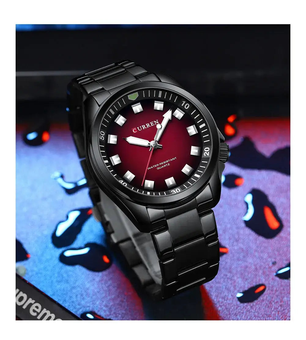 CURREN 8451 men's watch with black stainless steel band and red dial; water resistant sport wristwatch