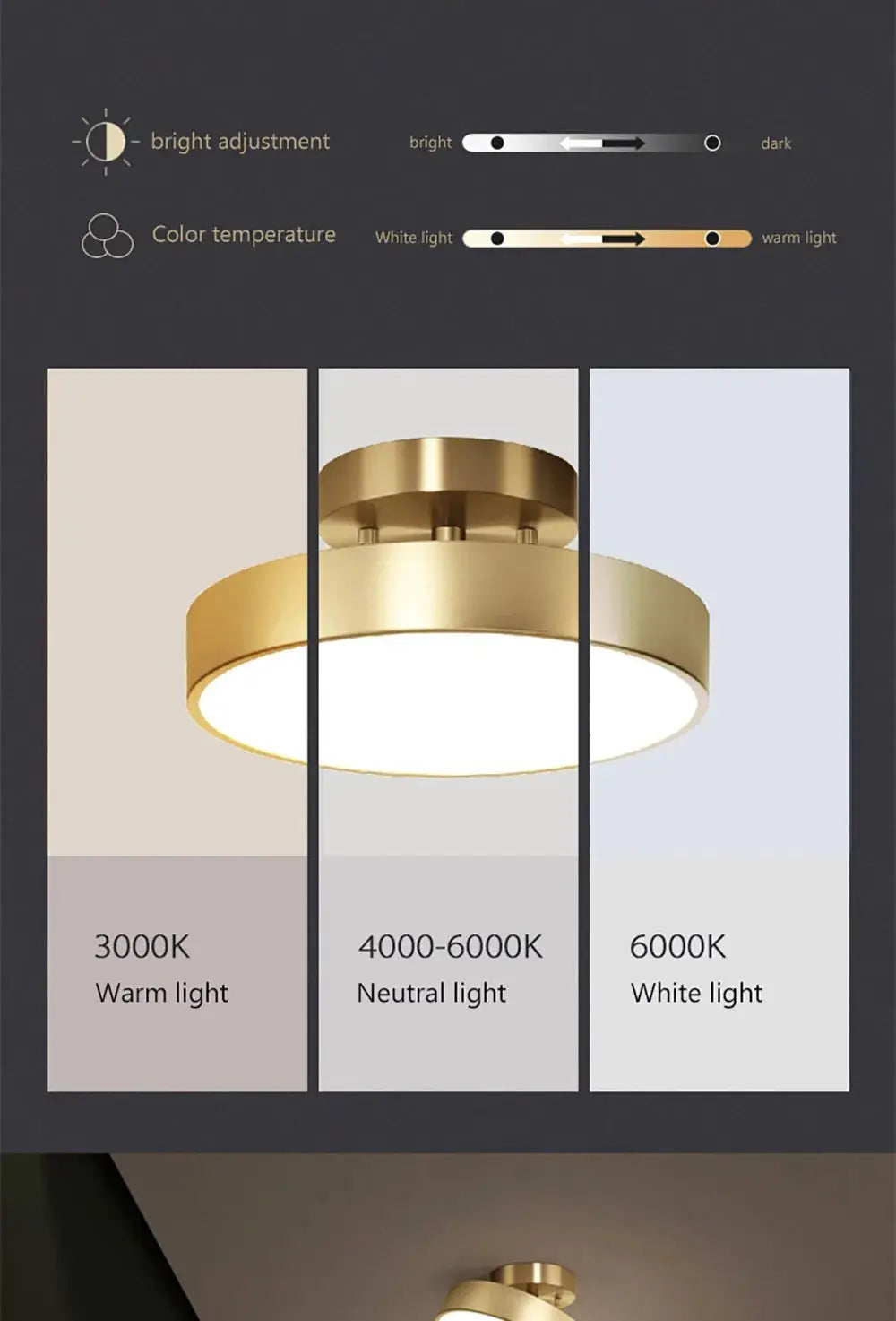 Simples Market modern LED ceiling light, copper round fixture with adjustable color temperature (3000K–6000K)