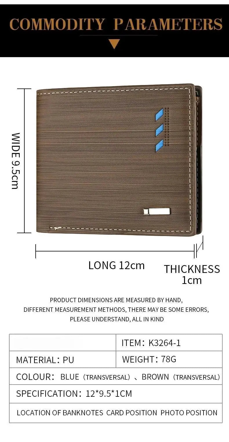 Simples Market brown leather men's stripe wallet, two-fold card holder with blue card slots and money clip