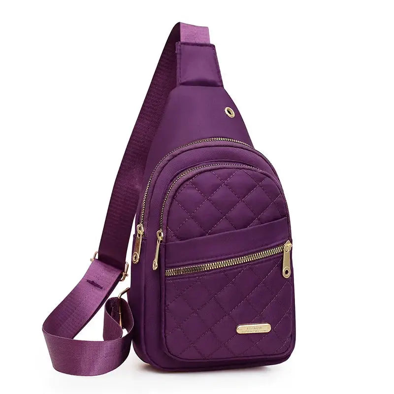 Minimalist large-capacity women's chest bag by Simples Market, purple quilted with gold zippers, crossbody backpack