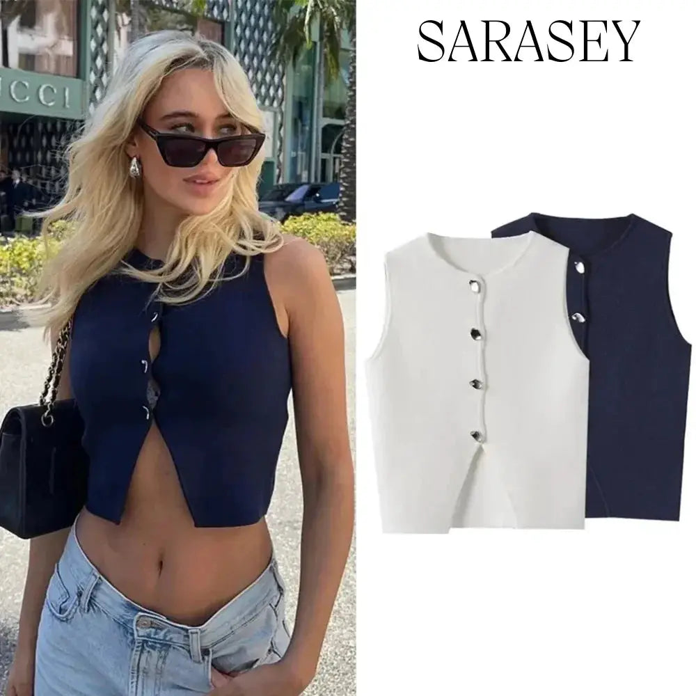 Women's Winter 2025 Knit Vest Sleeveless Cropped Asymmetrical White Top Slim Fit