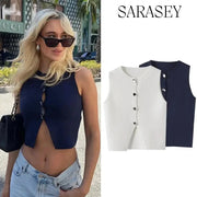 Women's Winter 2025 Knit Vest Sleeveless Cropped Asymmetrical White Top Slim Fit