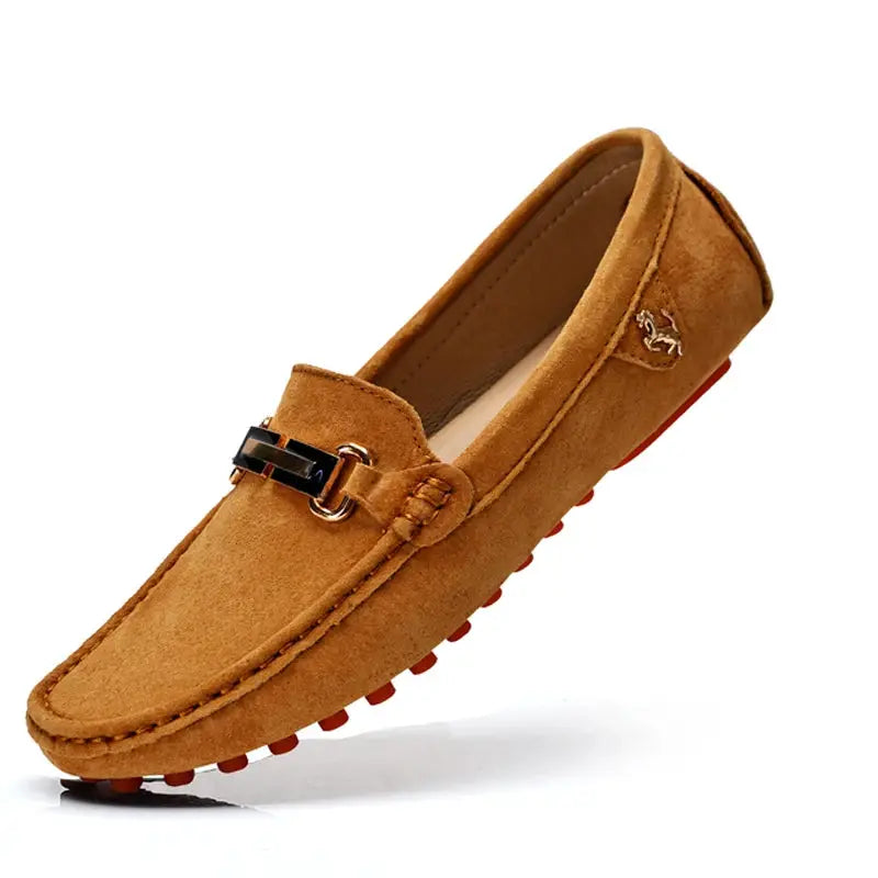 YRZL men's tan suede loafers with metal horsebit, slip-on driving moccasins