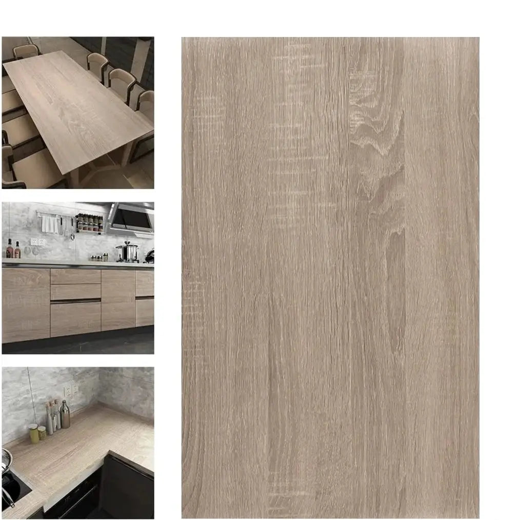 Self-adhesive wood grain vinyl wallpaper in light beige-brown; waterproof decor for furniture, cabinets and doors.