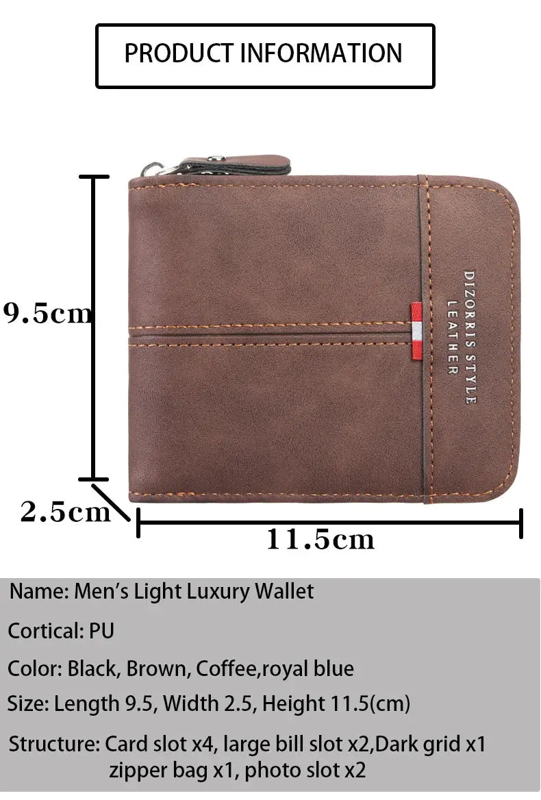 Simples Market men's brown PU leather wallet with zipper, horizontal three-fold design