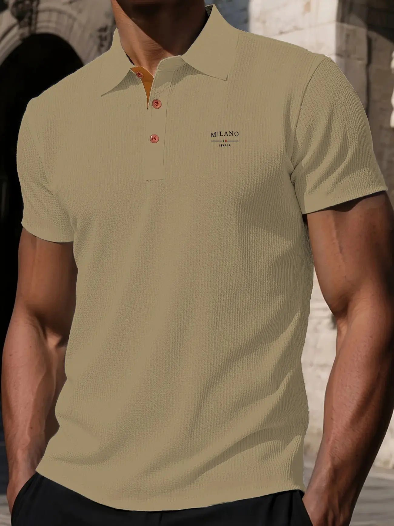 Men's beige textured polo shirt with Milano Italia logo on chest