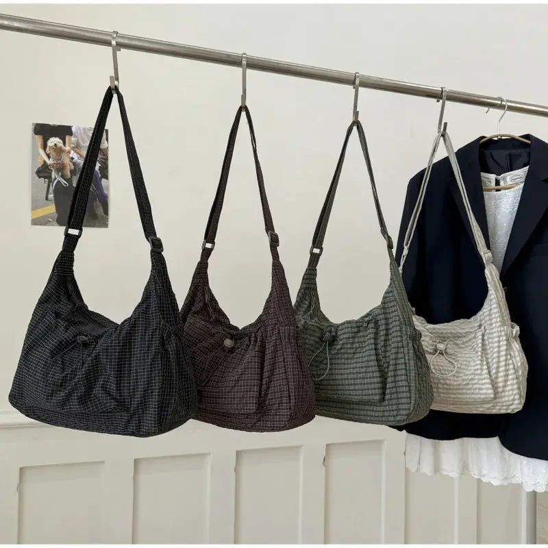 Korean nylon plaid shoulder bag set of four with crossbody straps in black, brown, olive, and beige