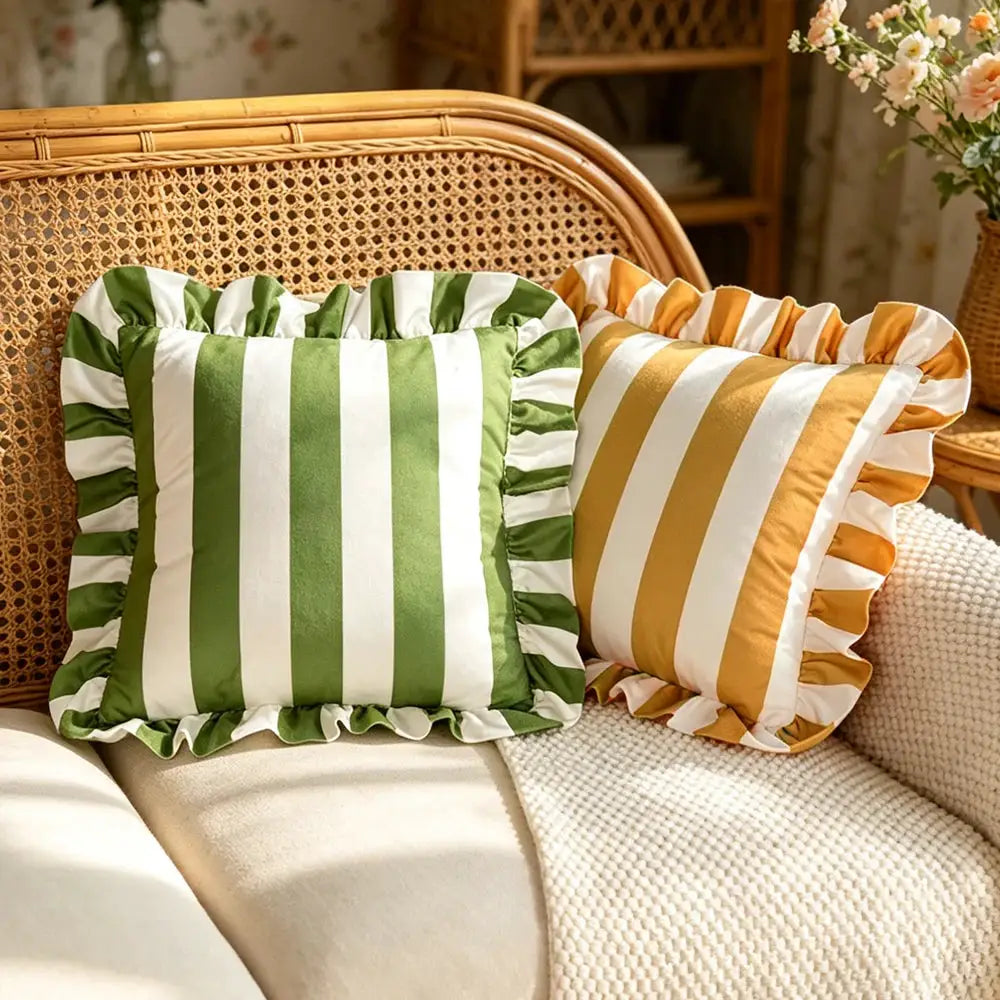 2-pack velvet striped pillow covers with ruffled lace trim, 18x18, green/white and gold/white, Simples Market