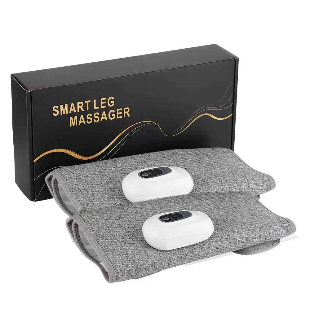 Electric calf massager with two gray fabric sleeves and two wireless control units for air compression