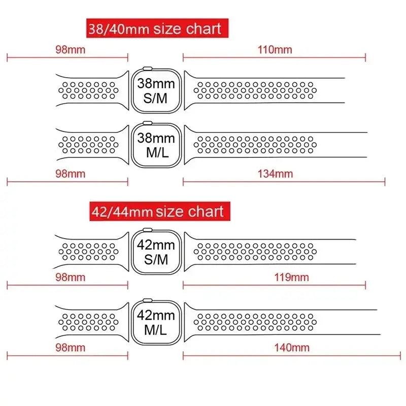 Simples Market silicone sport watch bands for Apple Watch 38/40mm and 42/44mm with perforated details and size charts