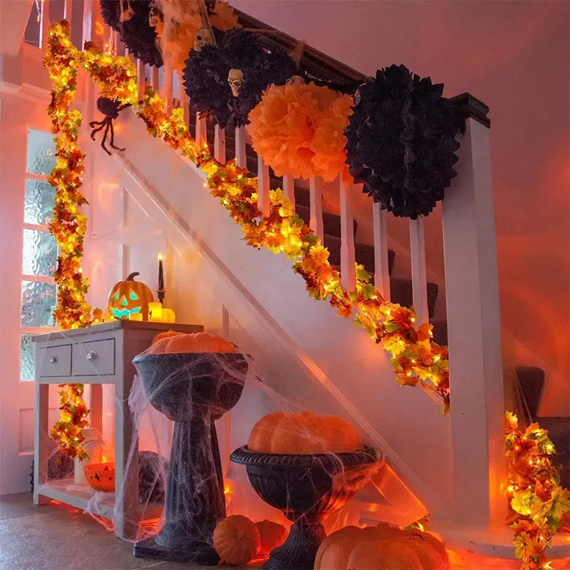 200cm autumn artificial maple leaf wreath with warm orange lights on staircase railing for Halloween decor