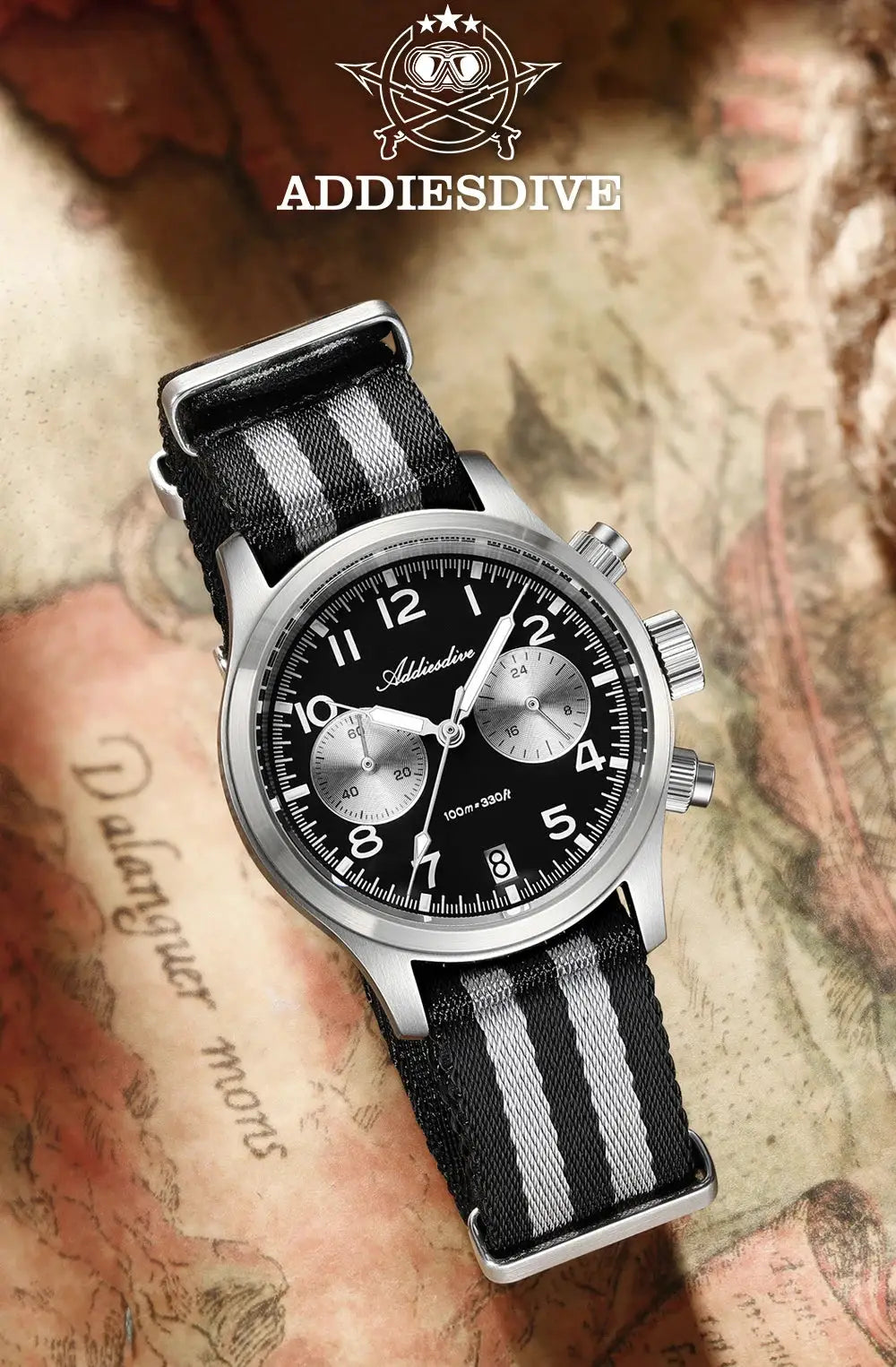 ADDIESDIVE men's chronograph watch with black dial, silver subdials, stainless steel case, and striped NATO strap.