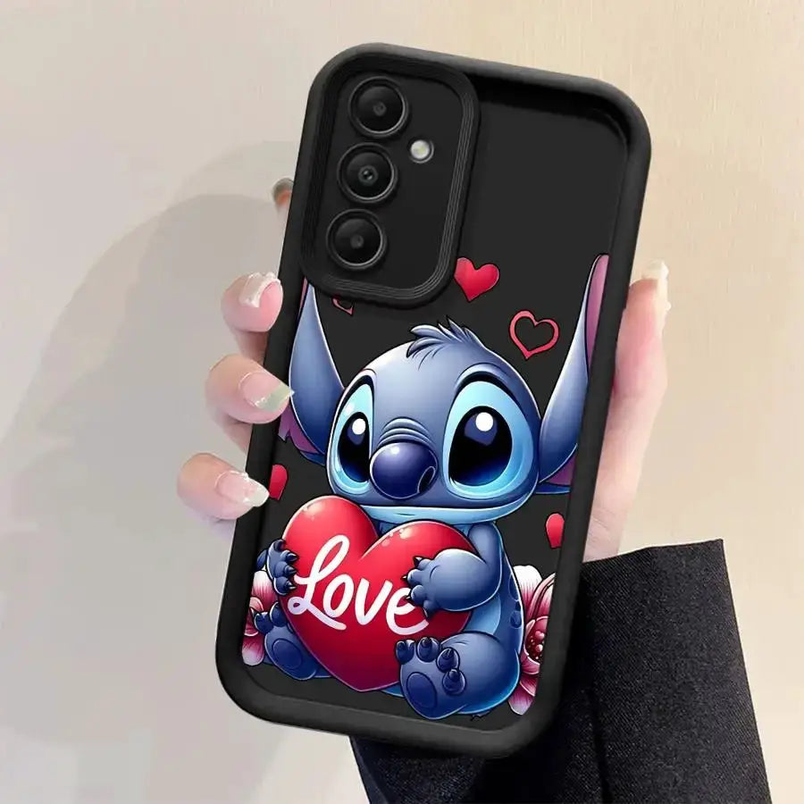 Disney Stitch soft case for Samsung Galaxy; blue Stitch holding a red heart, Simples Market.