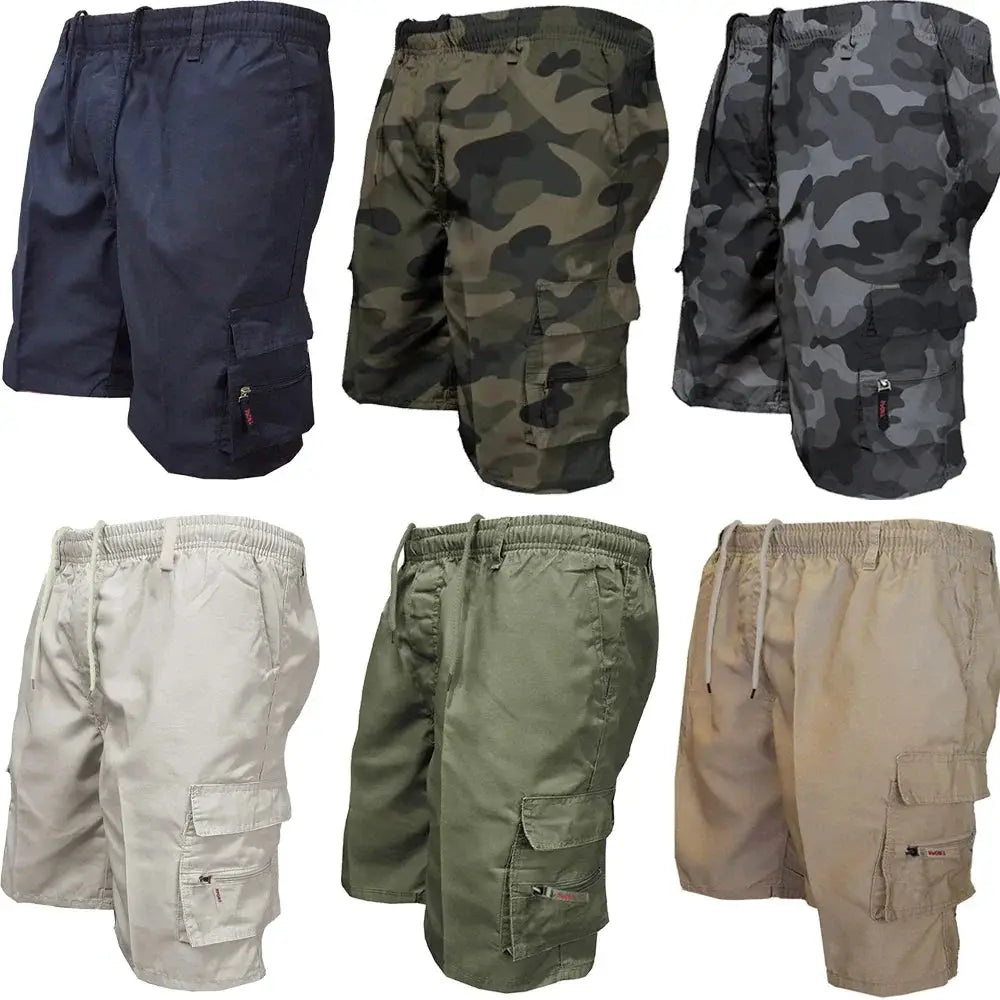 Simples Market men's tactical cargo shorts; 6 colorways: navy, camo, gray camo, beige, olive, khaki