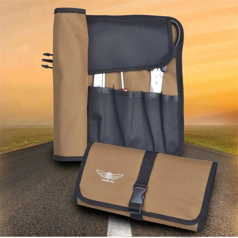 Two-piece tool roll bag set: tan and black Oxford cloth roll with pockets and a tan foldable pouch; Simples Market
