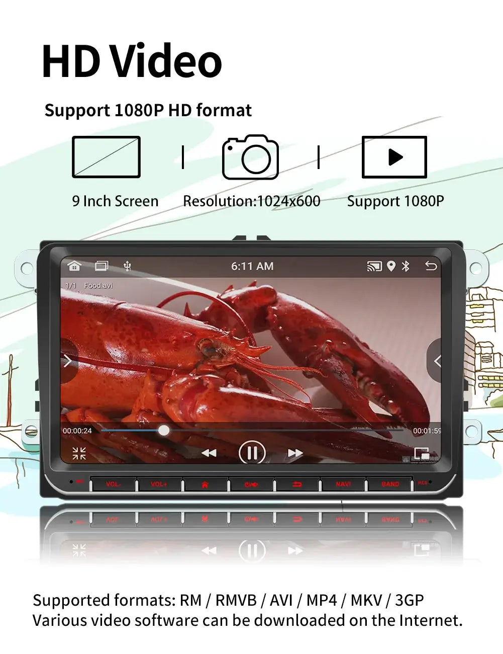 Simples Market 2Din Android car radio with 9-inch touchscreen, black finish, for VW/Skoda models, GPS CarPlay Wifi