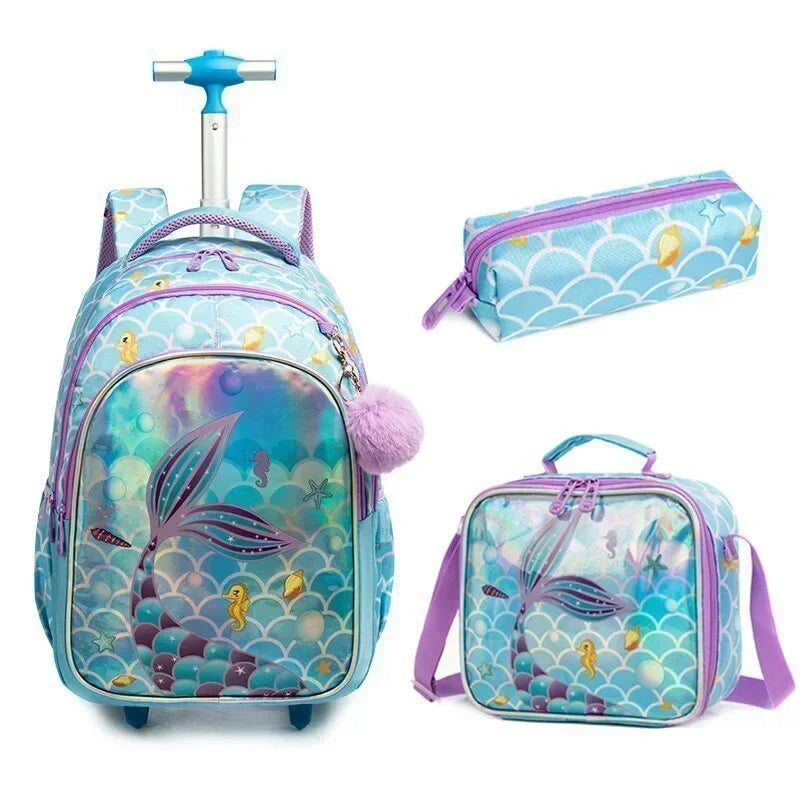 Children's mermaid-print blue wheeled backpack set with lunch box and lunch bag; Simples Market, 3-piece
