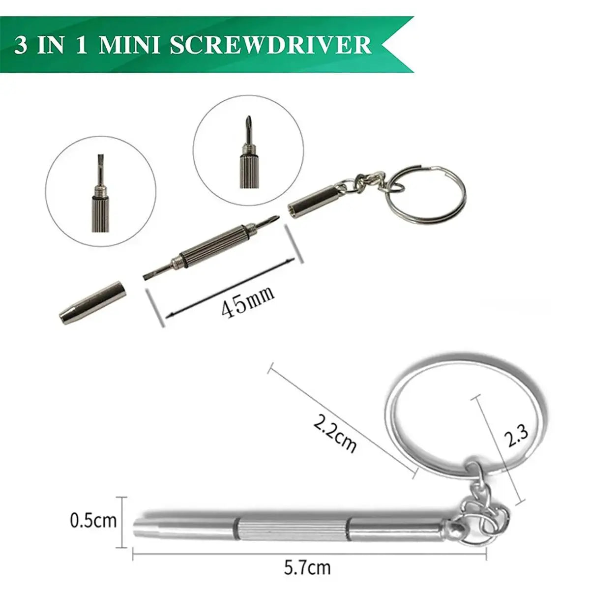 Simples Market 3-in-1 mini screwdriver eyeglass repair kit on a keychain; compact precision tool with interchangeable bits