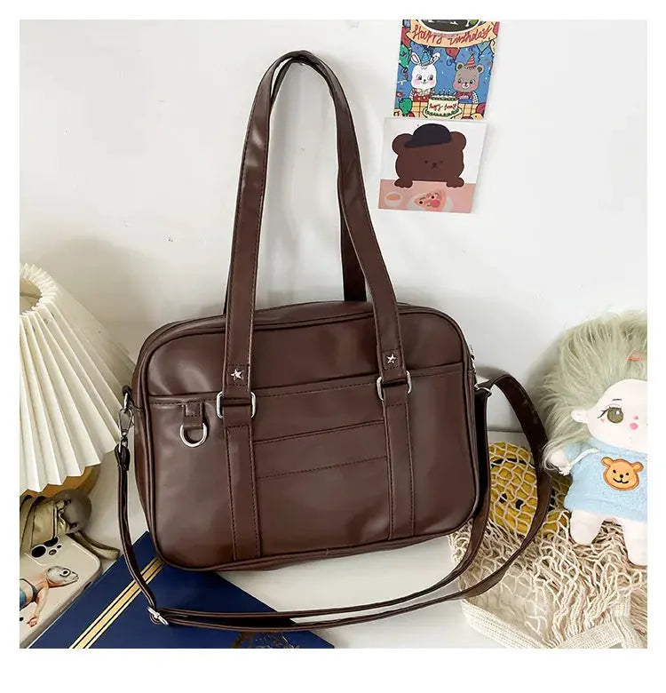 Simples Market Japanese style JK bag, brown PU leather shoulder bag with top handles and crossbody strap