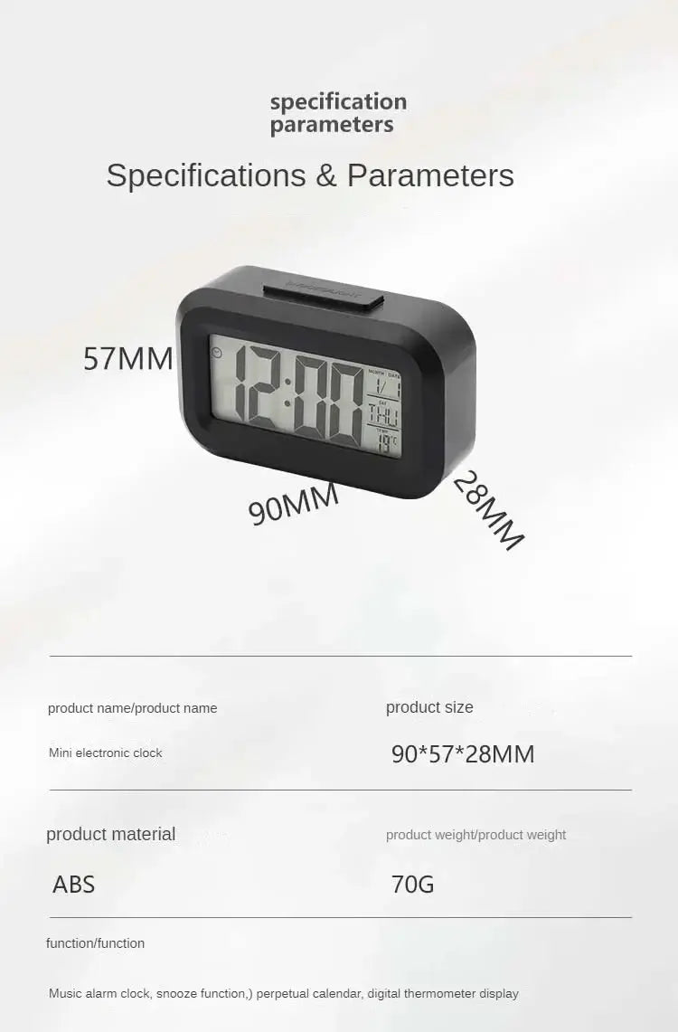 Mini digital alarm clock with LED backlight, black ABS case, 90x57x28mm, calendar and time display