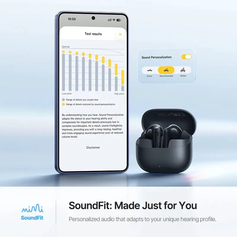 Baseus Bass EP10 wireless earbuds in black with charging case; SoundFit logo visible