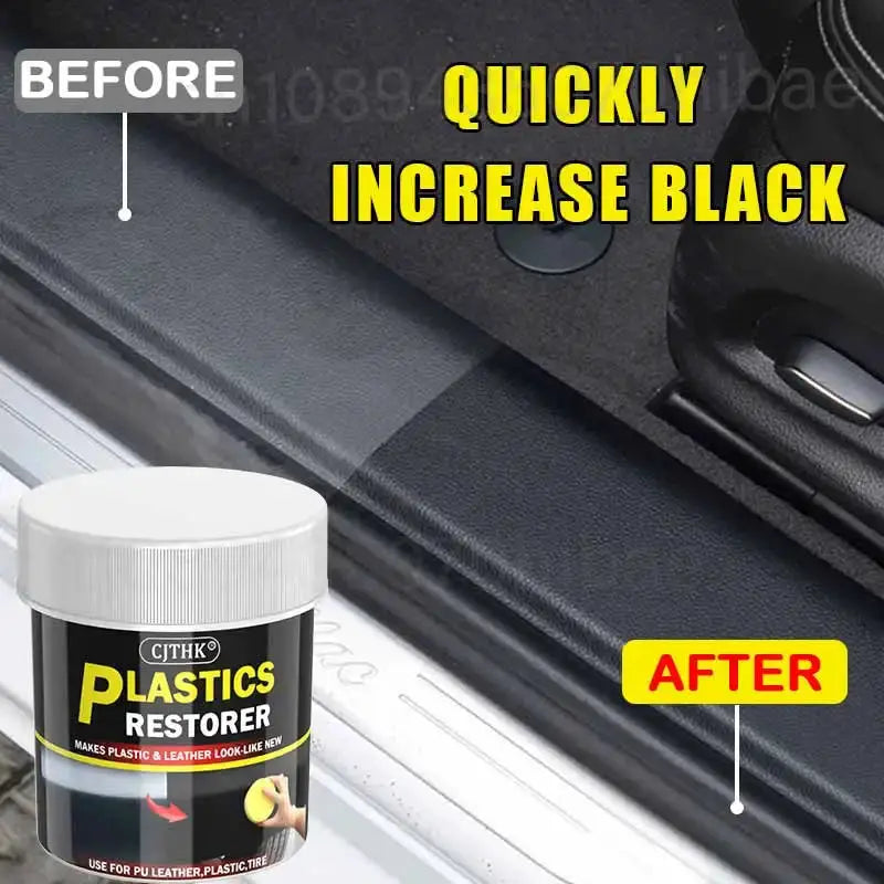 Plastics Restorer by Simples Market for car plastic and leather, black label jar with white lid