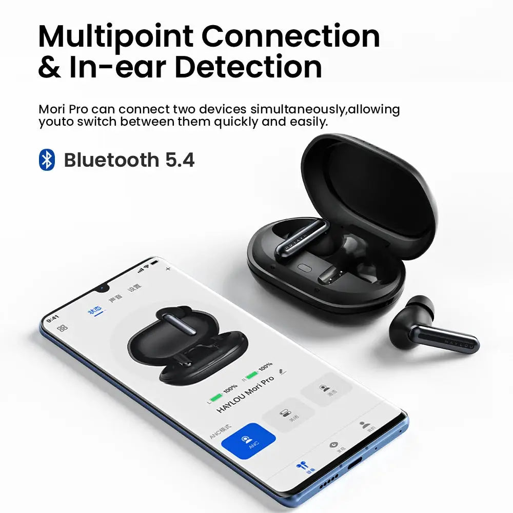Haylou Mori Pro Bluetooth 5.4 earphones, black wireless earbuds with charging case