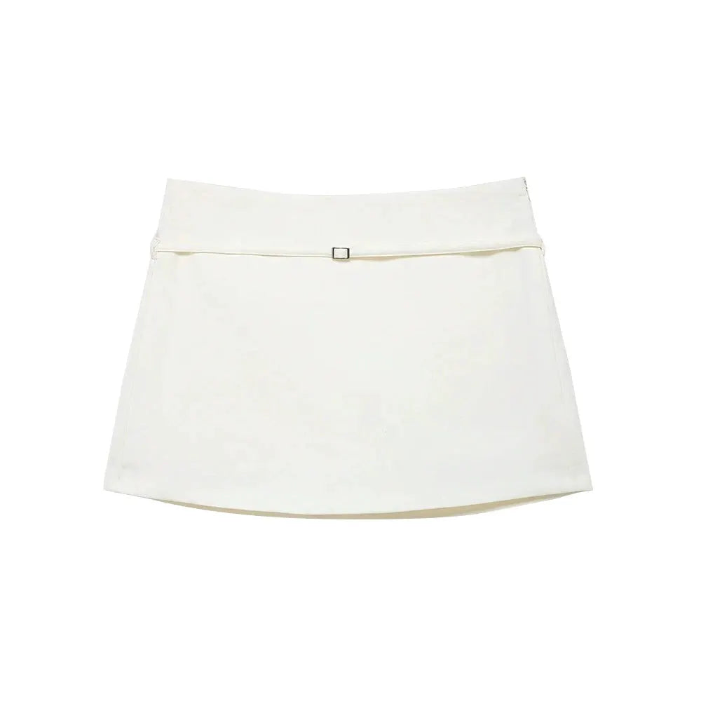 Women's white solid-color skort with belt and side zipper, casual wear Simples Market