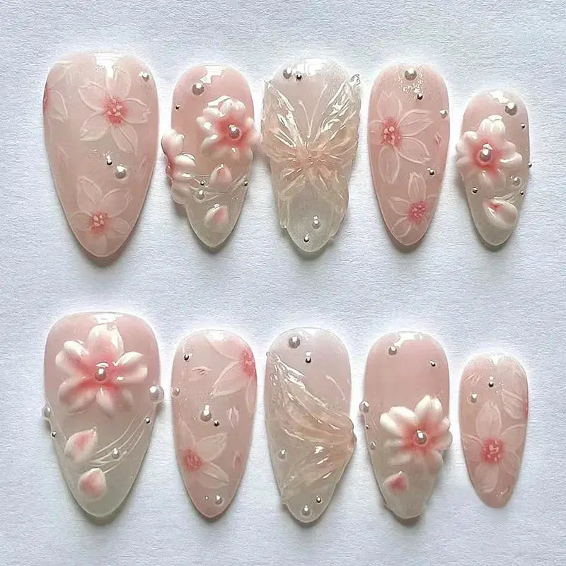 GlamNail Pink Almond Press On Nails Full Coverage Carved Flower 3D Ripple French Tips Golden Pearl Finish