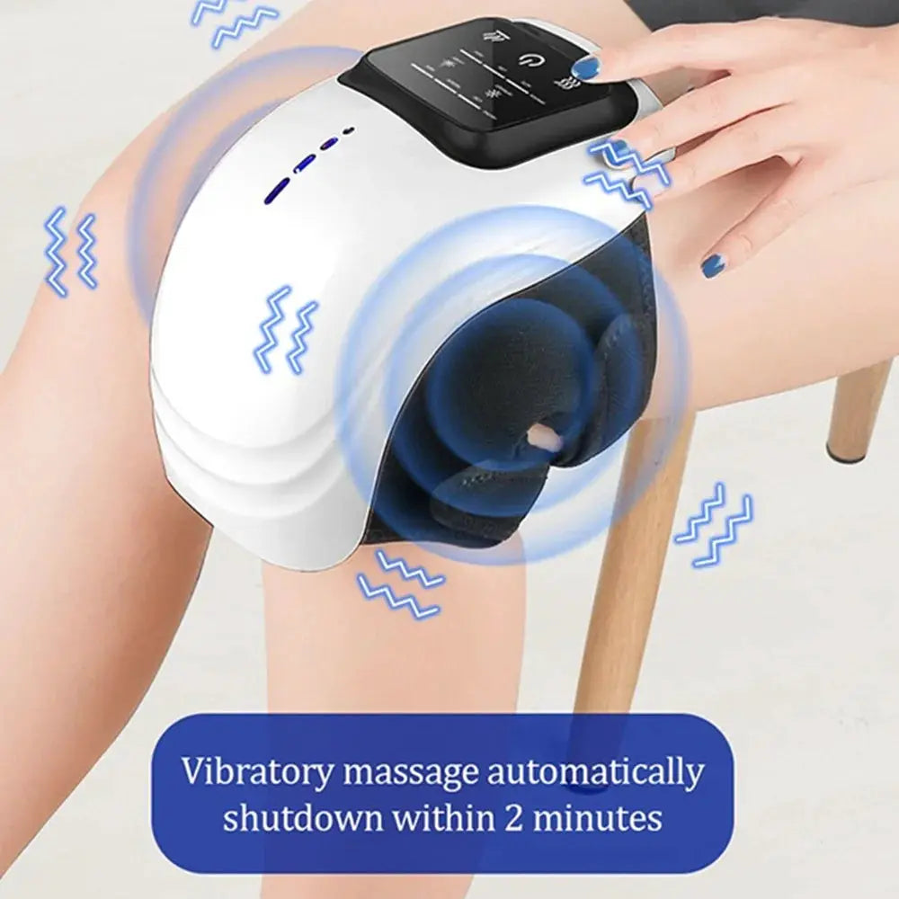 foreverlily Smart Knee Massager by Simples Market; white device with blue knee cushions, air-pressure massage