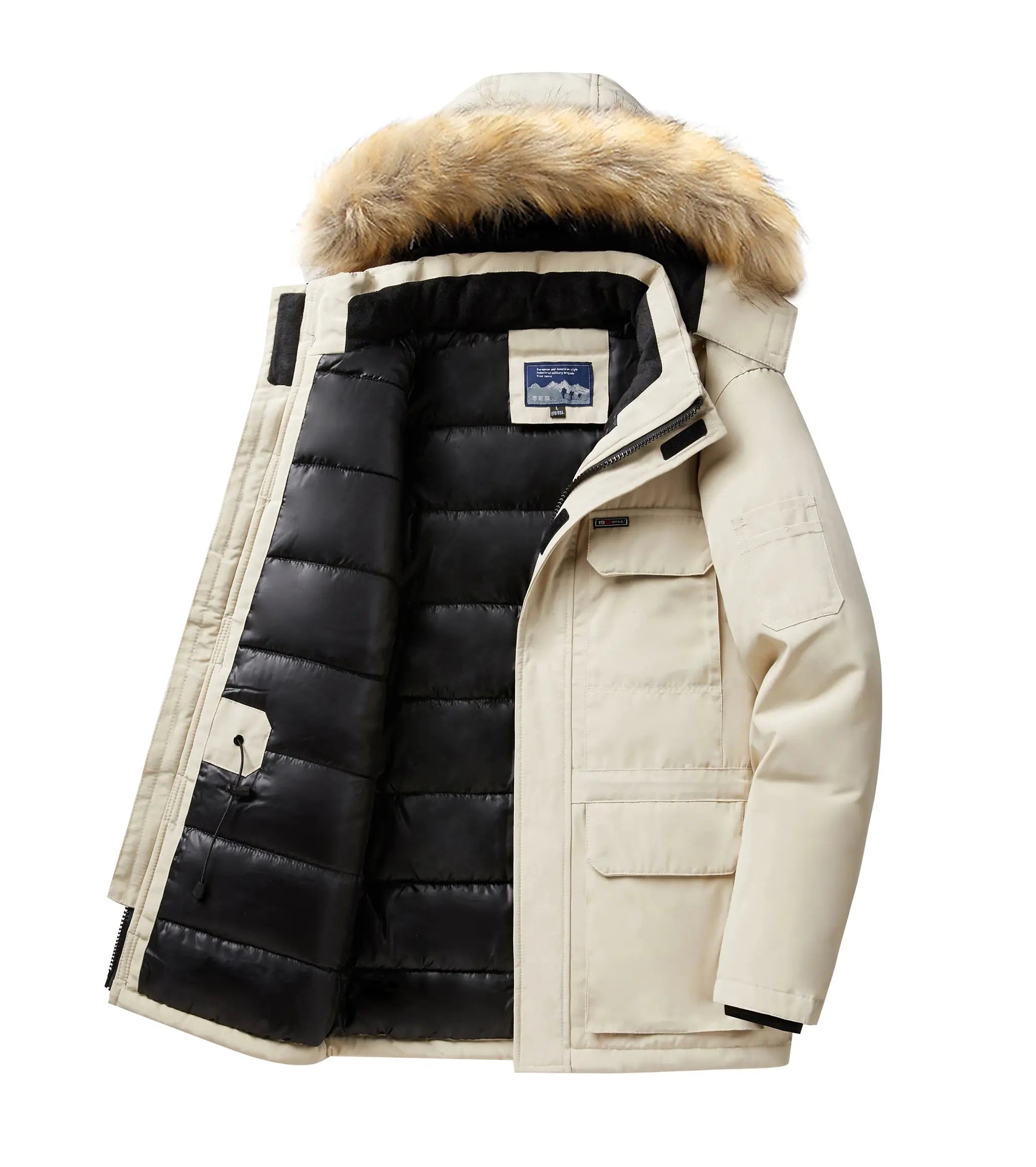 Men's beige mid-length down parka with fur-trimmed hood and black quilted lining.